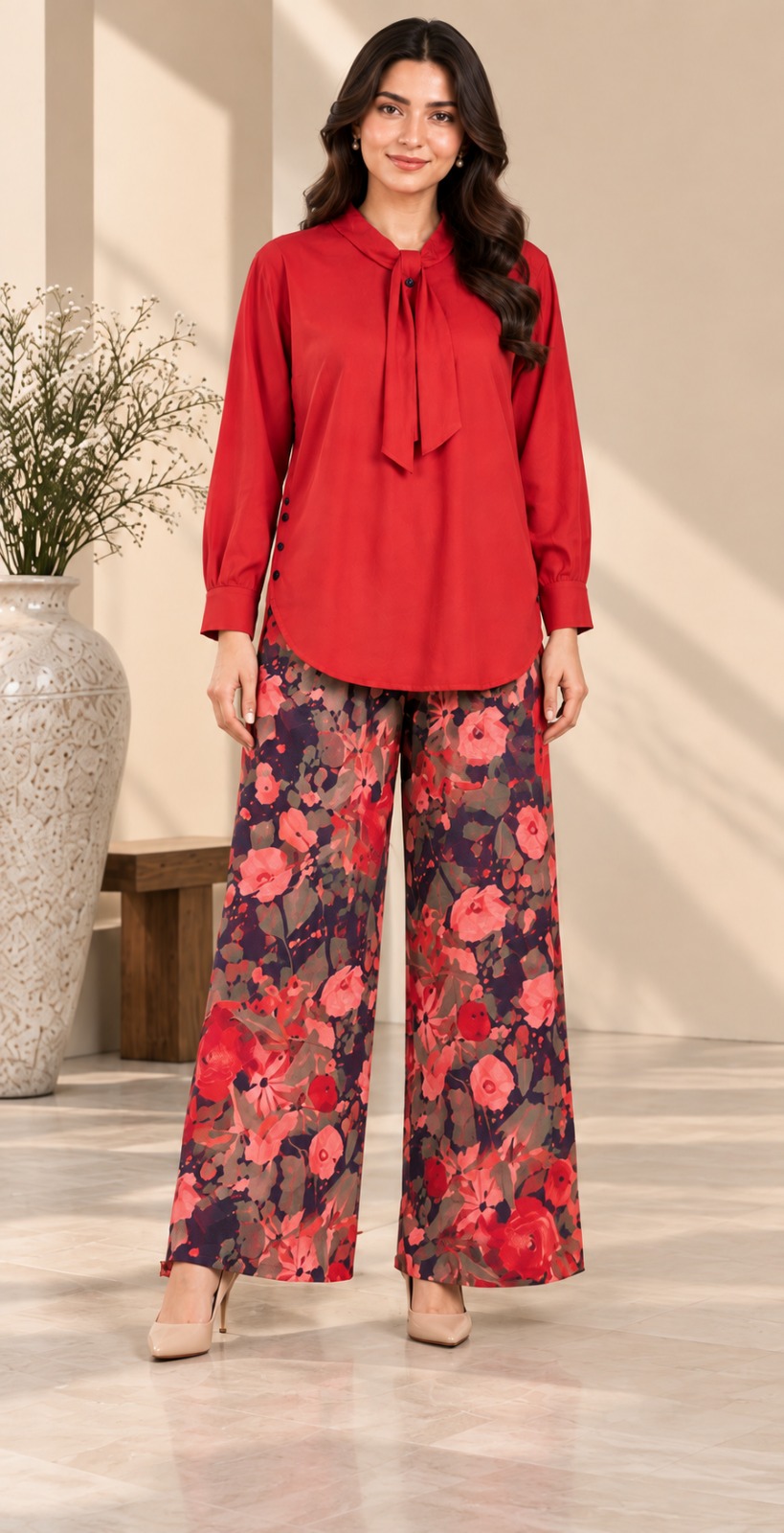 Hania Rose Print Tie-Neck Co-ord